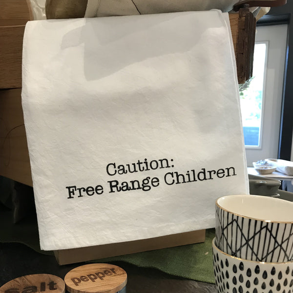 Caution Free Range Children Tea Towel